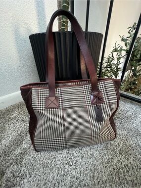Vintage Ralph Lauren Brown houndstooth plaid Suede Leather Tote Bag